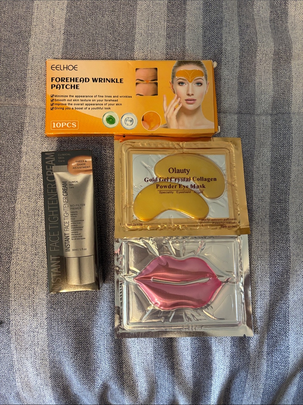 EELHOE Forehead Wrinkle Patch + Olauty Gold Eye Mask & Pink Lip Mask Set
